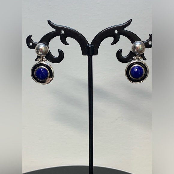 Silpada RARE VHTF Oxidized Sterling Silver Round Hinged Earrings w/Blue Stones - Picture 7 of 12